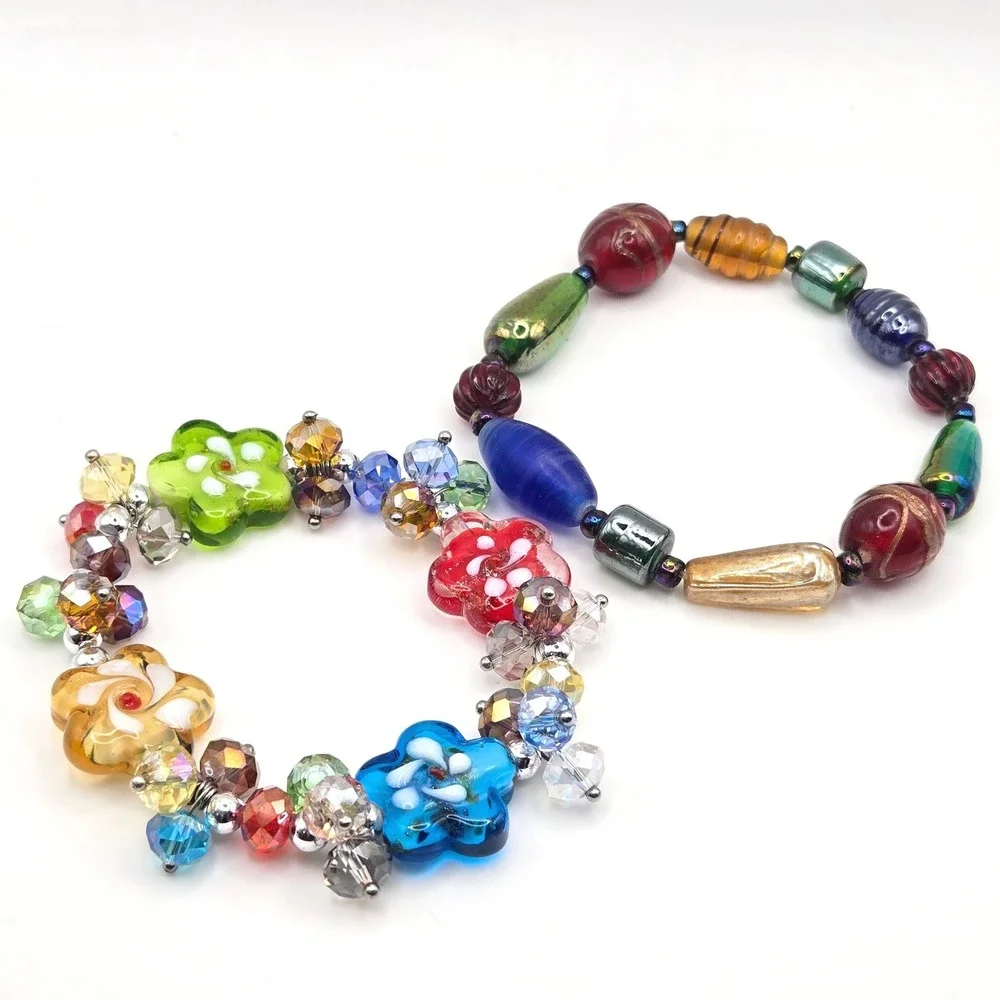Handmade Lampwork Flower and‎ Art Glass Bead Stretch Bracelet Set Multicolored